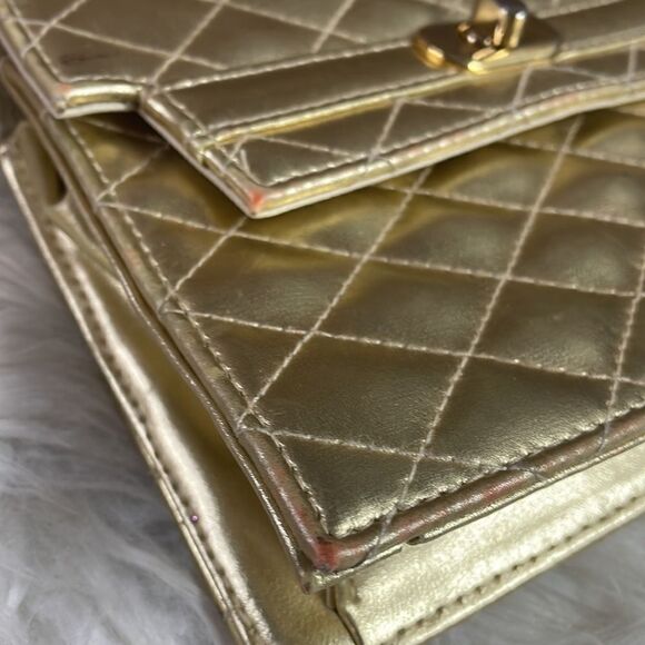 Gold Metallic Quilted Evening Bag with Goldtone Chain - Picture 5 of 11